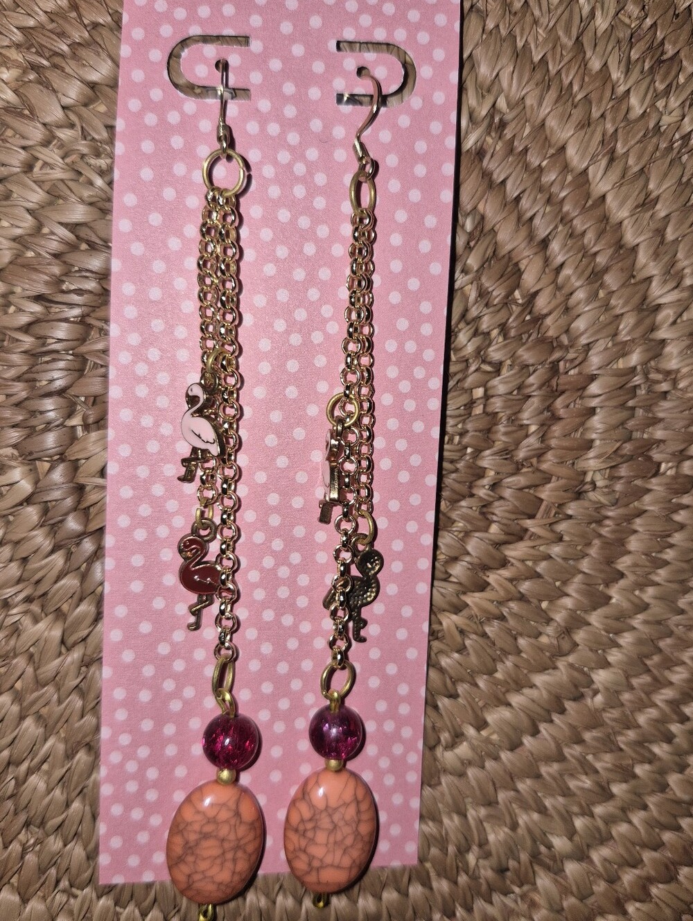 Gold-Tone Flamingo Chain Earrings with Pink Toned Beads